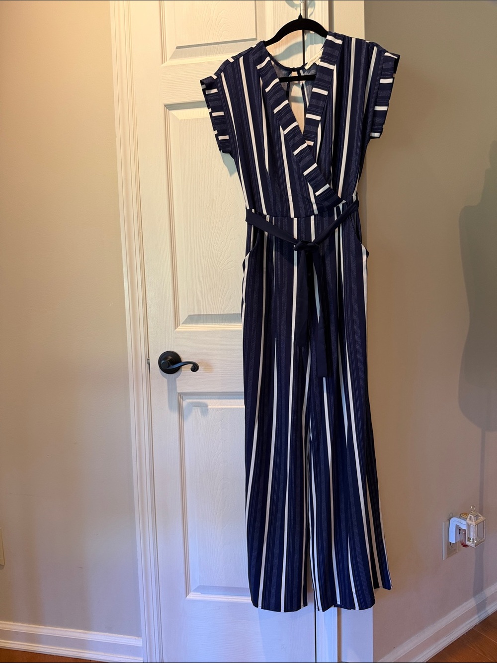 Striped Navy Wrap Jumpsuit with Belt